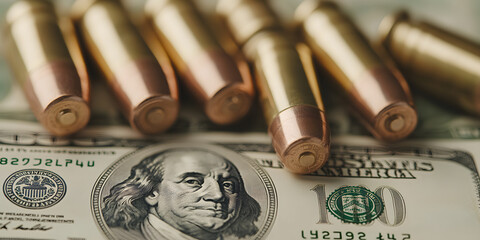 Close-up of a hundred-dollar bill alongside nine 9mm bullet cartridges, juxtaposing money and ammunition in a symbolic or dramatic arrangement
