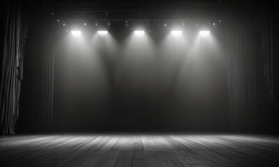 Bright white spotlight illuminating an empty theatre stage, darkened stage, clean light, solitary stage light