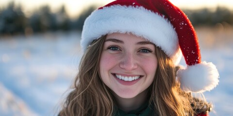 Young woman wearing Santa hat smiling at the camera on snowy background