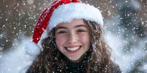 Young woman wearing Santa hat smiling at the camera on snowy background