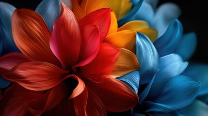 A colorful flower arrangement with red, blue, and yellow petals