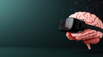 A brain wearing virtual reality goggles, immersed in a digital world of data and code, representing the potential of technology to expand human cognition.