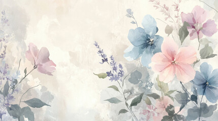 Soft watercolor florals in pastel tones, subtly scattered across a pale grayish-white background,