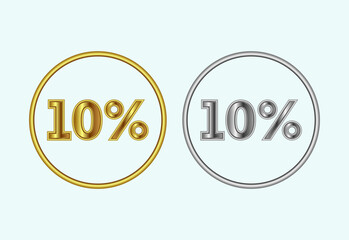 10 percent icon, 10 percent sign symbol in gold and silver color