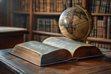 Old globe lying on an open book in a library. Conceptual background on history, education, literature topics. Translation of book titles - history of