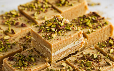 Asian dessert barfi topped with crushed pistachios and nuts, showcasing rich textures and an indulgent, homemade appeal