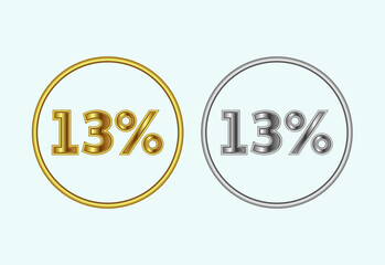 13 percent icon, 13 percent sign symbol in gold and silver color