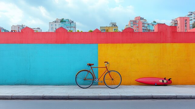 bicycle and surfboard near color wall in roo