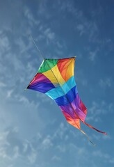 Colorful Kite Against a Clear Blue Background, flying object, peaceful atmosphere, open space