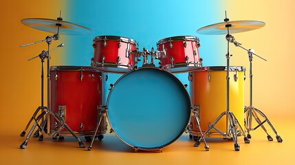 bright drum set apart on white with sticks