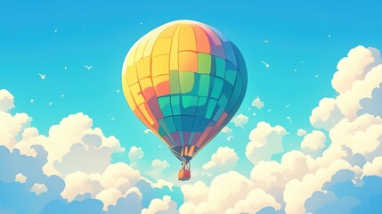 Fototapeta premium A colorful hot air balloon soaring through a bright, cloud-filled sky.