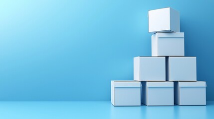 Obraz premium Stack of blank white cardboard boxes on a light blue background.