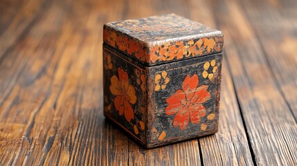 Obraz premium Vintage Decorative Box with Floral Design on Rustic Wooden Surface