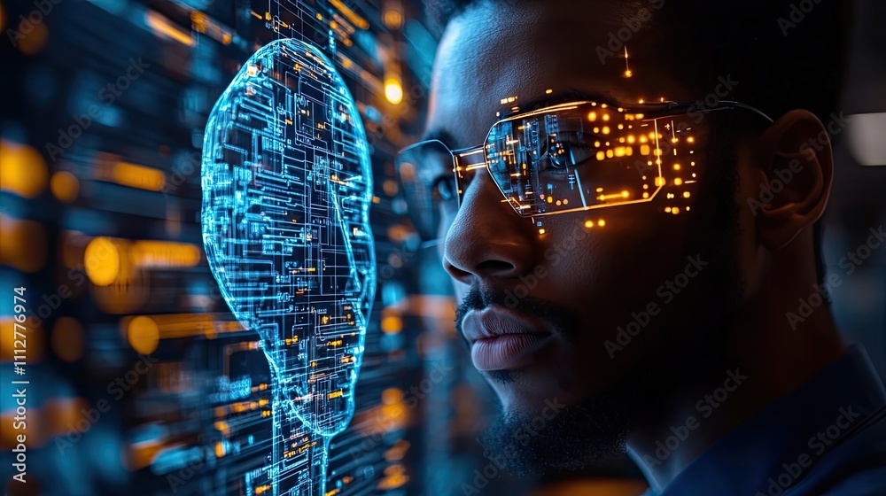 Poster businessman using technology ai for working tools chat bot chat with ai using technology smart robot ai artificial intelligence to generate something or help solve work problem