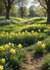 Daffodils growing in a lush green meadow amidst early spring foliage, earthy tones, natural landscape, spring garden