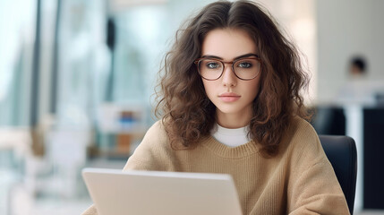 Focused businesswoman working on laptop in modern office