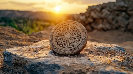 Ancient Stone Symbol on Rock at Sunrise in Desert Landscape