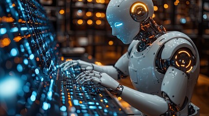 Fototapeta premium businessman using technology ai for working tools chat bot chat with ai using technology smart robot ai artificial intelligence to generate something or help solve work problem