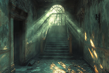 Sunlit Staircase in a Decaying Mansion
