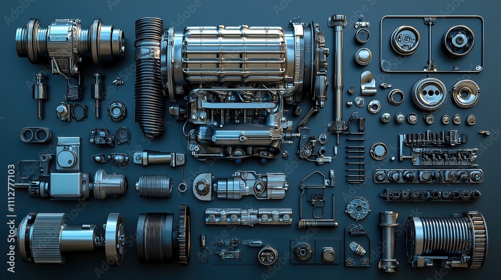 Poster car parts technical drawing automobile car machine engine 3d car service elements isolated on black 