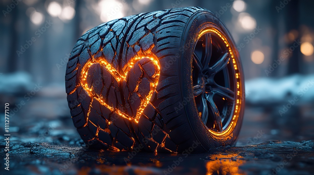 Poster car tire tyre in the shape of a heart on the background of the cit