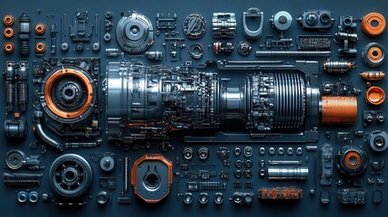 Fototapeta premium car parts technical drawing automobile car machine engine 3d car service elements isolated on black backgroun