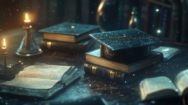 Graduation caps and books for education and science visuals. 