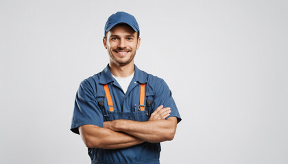 portrait of a smiling mechanic man standing and folded hands isolated on white background
