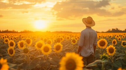 Man in a straw hat walking through a field of sunflowers at sunset.