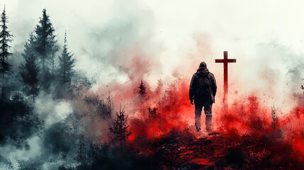 christian man praying in front of a cross in a watercolor style digital watercolor painting