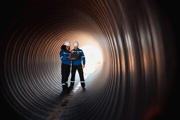 Workers inside a big steel pipe building a pipeline for oil, gas, and fuel at an industrial site.