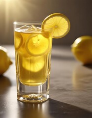 Glass filled with golden liquid and garnished with a lemon twist in a sunny spot, home decor, lemon