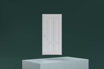 A white door is floating in the air above a green background