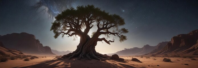 In the depths of a boundless desert, an ancient tree stretches its branches towards the glittering stars above, untamed, stars, desert