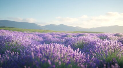 Fototapeta premium A beautiful lavender field in bloom with mountains in the distance.
