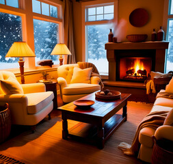 Relaxing Living Room with Fireplace, Warm Lighting  and Snowy View