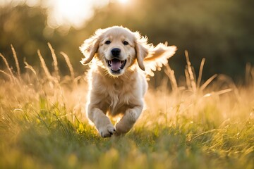 High-resolution image of an energetic golden retriever puppy running happily through a lush green field, bathed in warm sunlight, with a bright and cheerful atmosphere.