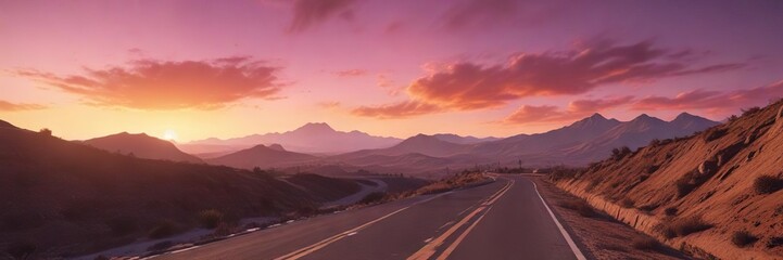 Fototapeta premium Long mountain road with a single figure in the distance against the backdrop of a vibrant orange and pink sunset, natural wonder, scenic view, mountain road, vast landscape, rocky terrain