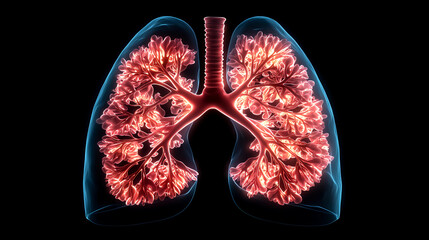 Fototapeta premium A vivid illustration of human lungs, showcasing intricate bronchi and alveoli structures, highlighted against a dark background.