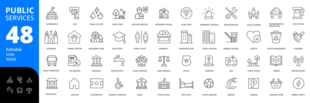 Public Services Editable Line Icons Set : editable tax housing library disability management police infrastructure public emergency repair social pharmacy school military service education transport 
