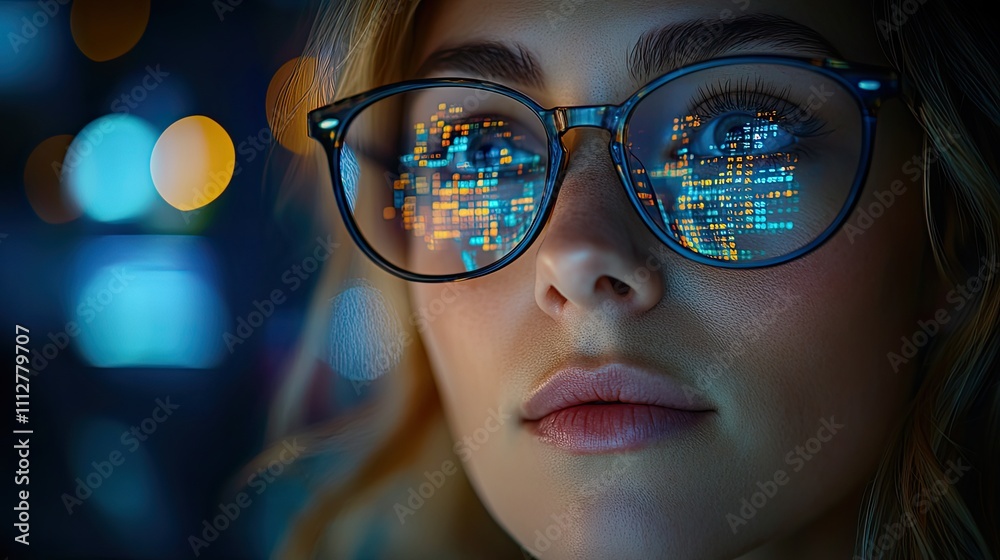 Aufkleber close up and personal view of a person wearing glasses and a reflection of a computer screen showing a stock market chart are visibl