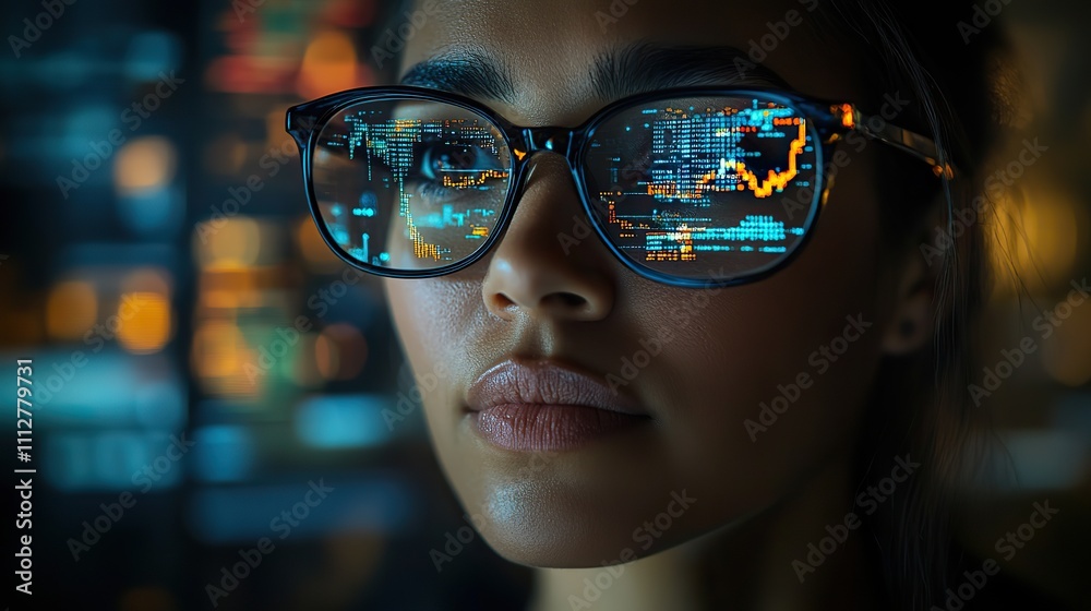 Aufkleber close up and personal view of a person wearing glasses and a reflection of a computer screen showing a stock market chart are visibl