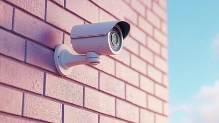 A security camera mounted on a pink brick wall, capturing a clear view under a blue sky.