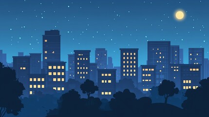 Fototapeta premium Night cityscape with a moon and stars, viewed from a park.