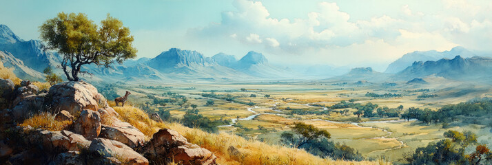 A peaceful African savanna scene with rocky landscapes, lush green valleys, depicted in gentle watercolor strokes with distant mountains