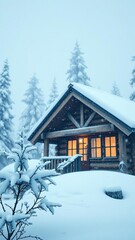 Snowflakes gently falling on a cabin's roof and windows, serene landscape, peaceful woods