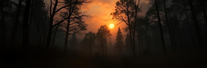 Fototapeta premium Softly lit cloudy oranges create an enchanting ambiance amidst a mystical and serene forest scene at twilight, peaceful environment, , magical mood