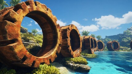 Fototapeta premium Massive rusted gears line a serene tropical shoreline under a bright blue sky, AI