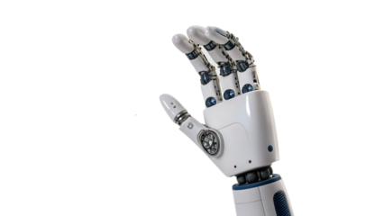 Robot hand pointing to a blue light on white background.AI GENERATED