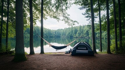 Serene Camping Landscape with Tent and Hammock